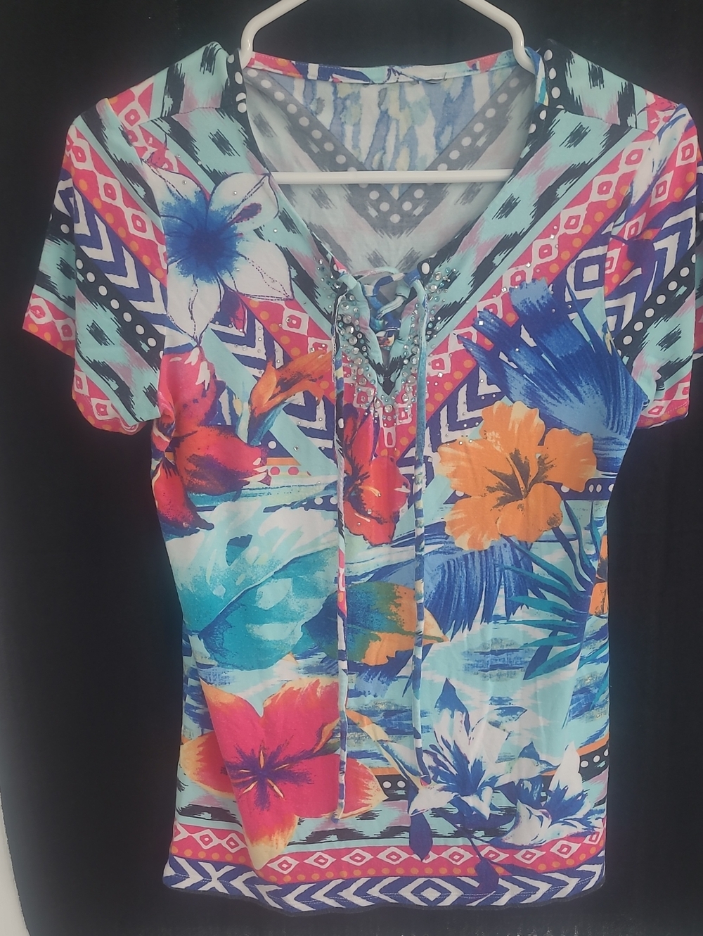 Floral Lace-Up Short Sleeve T-shirt Top - Multicolor Tropical